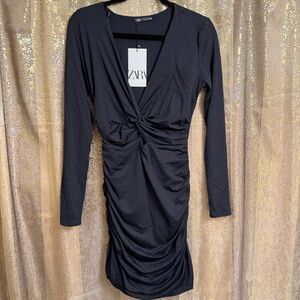 ZARA Black Long Sleeve Ruched Gathered Waist Stretchy Bodycon Mini Dress NWT